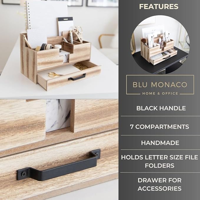 BLU MONACO Natural Wooden Office Supplies Desk Organizer with Drawer - Accessories for Women - Desktop Organization - Organization for Desk - Home Office Supplies Organizer
