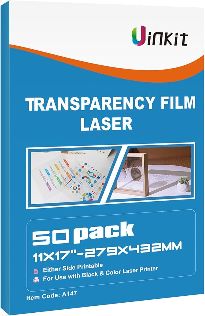 Uinkit 11x17 Laser Transparency Film OHP 50 Pack Acetate Sheets Clear Overhead Projector Laserjet Film for Color Laser Jet Printer and Copier A3 Menu Size 11 x 17 50 Pack Uinkit