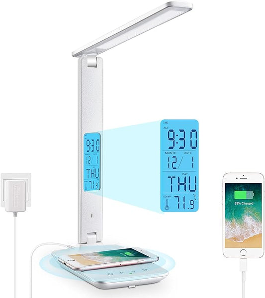 Desk Lamp with Wireless Charger: USB Charging Port, Table Lamp with Clock, Desk Lamps for Home Office College Dorm Room Essentials