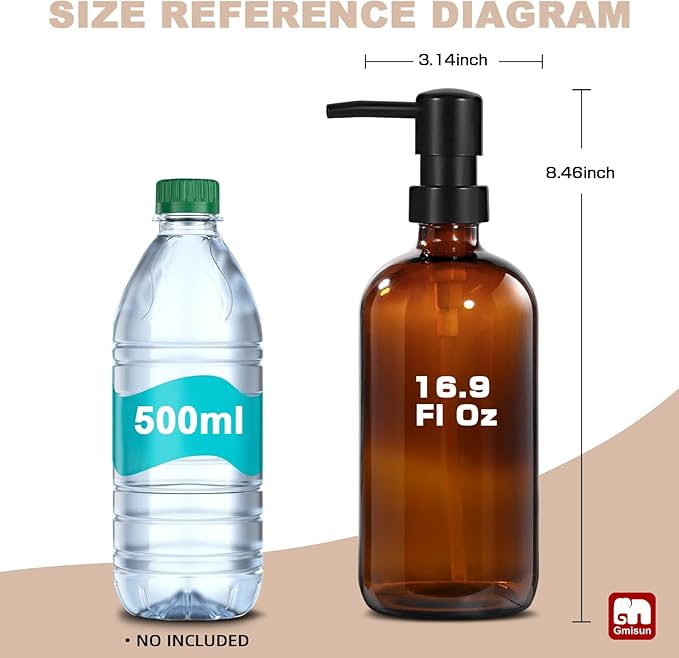 GMISUN Glass Shampoo and Conditioner Dispenser, Shower Soap Dispenser Bottles with Labels, Refillable Shampoo Conditioner Body Wash Dispensers, Amber Glass Soap Pump Dispenser Set for Bathroom Shower