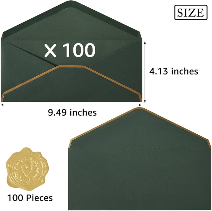 100 Pack #10 Business Envelopes with Gold Border, Self Seal Standard Envelopes with Gold Stickers for Office, Checks, Letter Mailing, Invoices, 4 1/8 x 9 1/2 Inches (Dark Green)