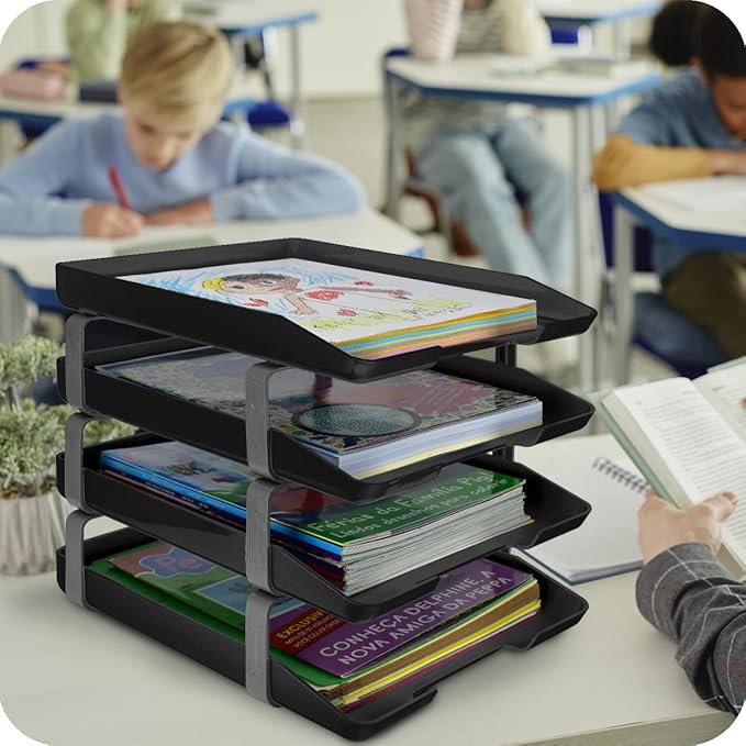 Acrimet Traditional 4 Tier Letter Tray, Front Load Design, A4 Letter Size, Desktop Organizer (Plastic) (Black Color)