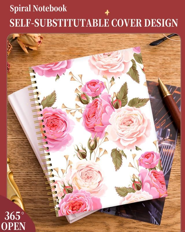 Spiral Journal Notebook for Women,A5 College Ruled Notebooks 6"x 8.4", 120 Pages (60 Sheets) Lined Journal with Premium Thick Paper,Perfect for School Office Home(Beautiful Floral Rose)