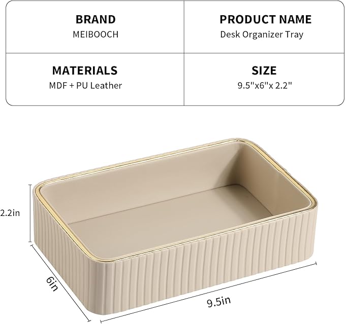 Desk Organizer Tray, PU Leather Valet Tray Nightstand Organizer Cologne Perfume Trays for Men Women, Decorative Vanity Trays Key Bowl Trinket Dish (Beige, 9.5" x 6" x 2.2")