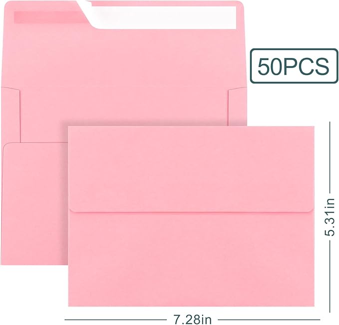50 Pack 5x7 Envelopes, A7 Pink Envelopes Self Seal, Printable Envelopes for Invitation, Baby Shower, Birthday Party, Wedding, Postcards, Mailing, Greeting Cards