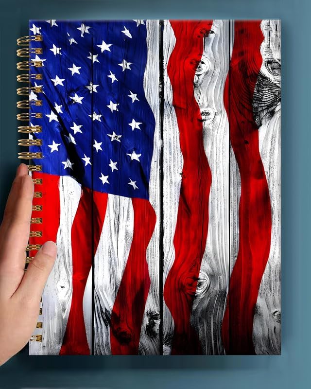Spiral Journal Notebook,A5 Hardcover Lined Journals for Women Girl 6 x 8.3 in,120 Pages Thick Paper,Cute College Ruled Writing Notebook for Gifts Office Work School(Old Wood American Flag)
