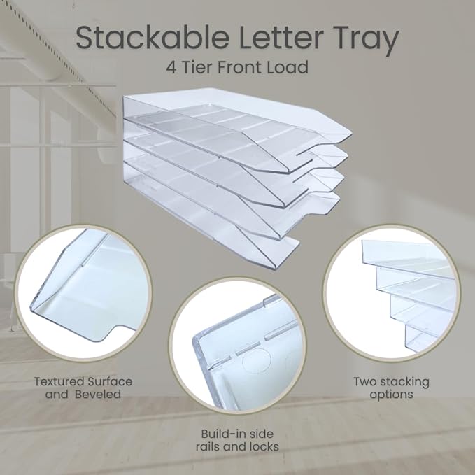 Acrimet Stackable Letter Tray, 4 Tier Front Load Desktop File Organizer, A4 Letter Size, Plastic, Clear Crystal