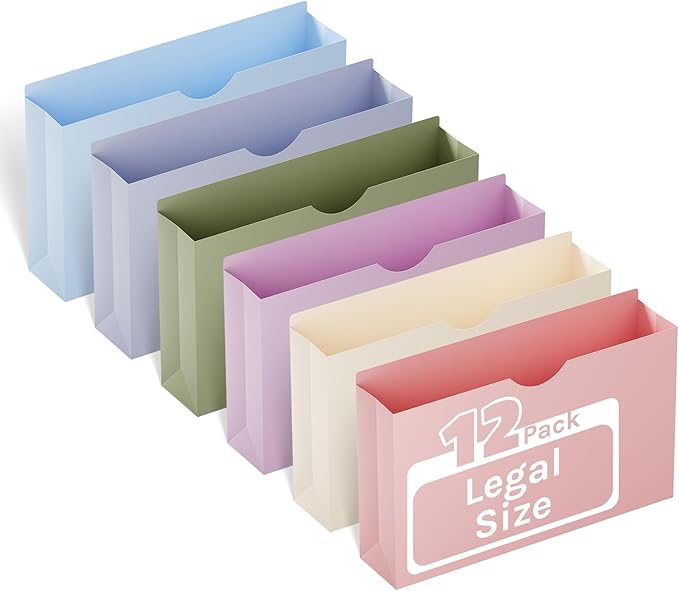 ANSOOK Plastic File Jackets,3" Legal Size Manilla Folders,12 Pack Expanding File Folder,Heavy Duty Expansion Pocket,File Cabinet Folders,Straight Cut Tab,Morandi Color Manila Folder for Home Office