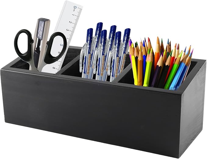 Wood Pen Holder,Office Desk Organizers and Accessories,Pencil Holder for Desk With 3 Compartments,Pencil Dispenser for Classroom,Makeup Storage,Black