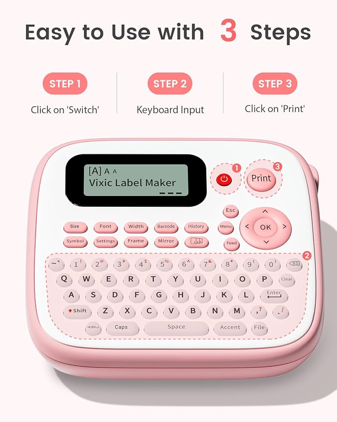 Vixic Pink Label Maker, D210S Label Maker with Tapes Waterproof, Handheld Label Makers Labeler Includes USB-C for Power, Easy-to-Read Screen, Multiple Fonts Icons Frames for Home Office Organization