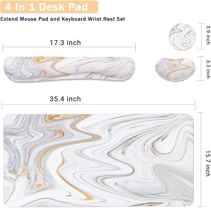 4-in-1 Large Gaming Mouse Pad, Keyboard Wrist Rest Pad & Wrist Support Mousepad Set, Extended Desk Pad Waterproof Desk Mat for Home Office Study Game - White Marble