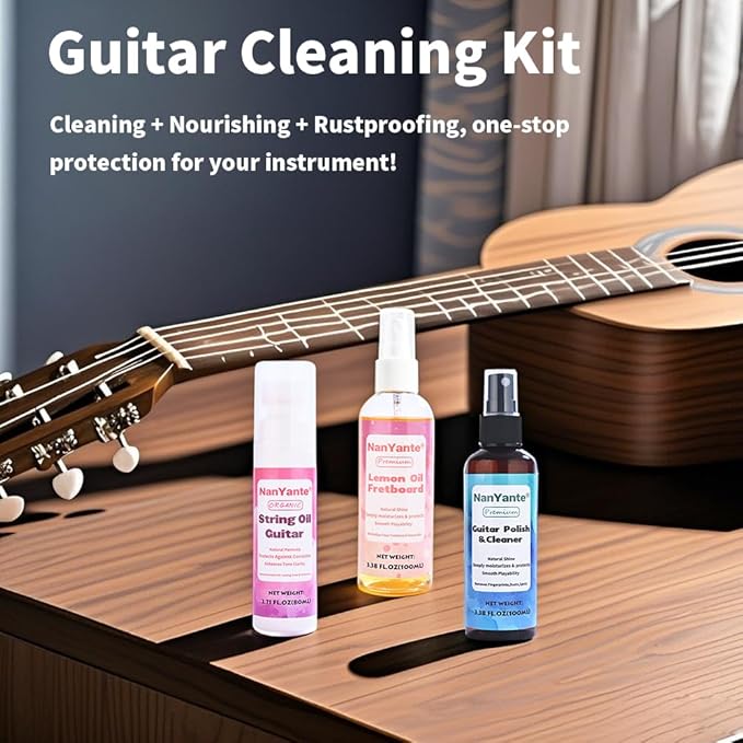 Guitar Cleaning Care Kit | 100ml Polish&Cleaner + 100ml Lemon Oil + 80ml Rust Prevention Oil | All-in-One Guitar Care Bundle with Free Microfiber Cloth | Pro-Grade Cleaning & Protection