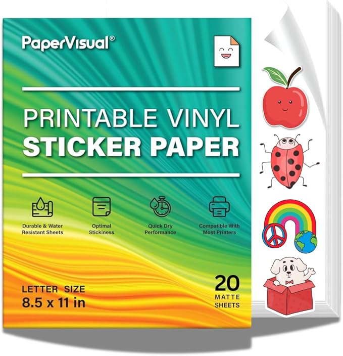 Premium Printable Vinyl Sticker Paper for Inkjet and Laser Printer - 20 White Matte Sticker Paper Waterproof - Excellent Adhesion Paper 8.5 x 11, Fast Dry, Holds Ink Well, Great for Cutting Machines