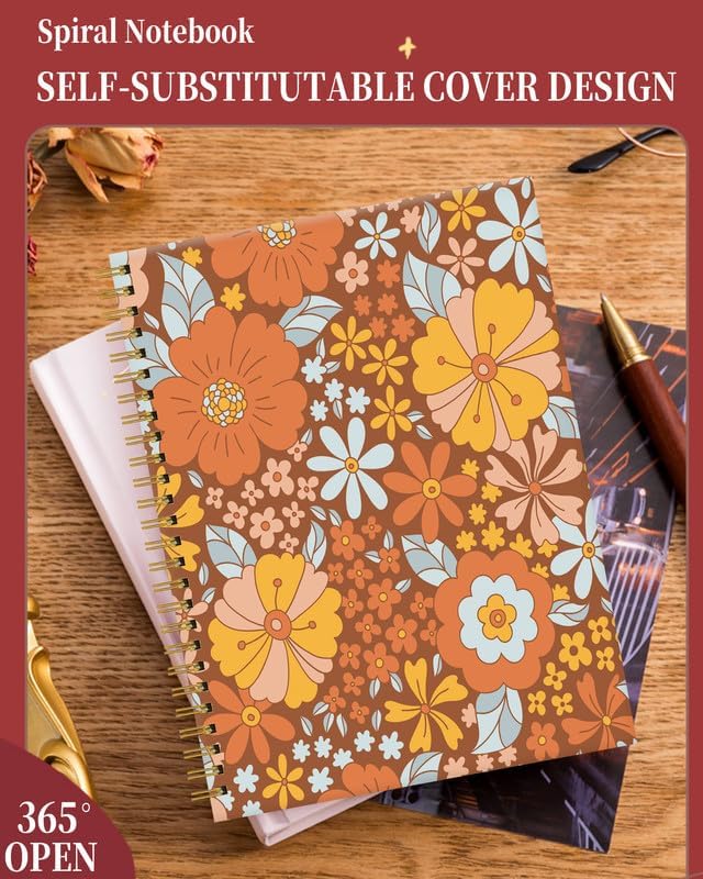 Spiral Journal Notebook for Women,A5 College Ruled Notebooks 6"x 8.4", 120 Pages (60 Sheets) Lined Journal with Premium Thick Paper,Perfect for School Office Home(Retro Floral)