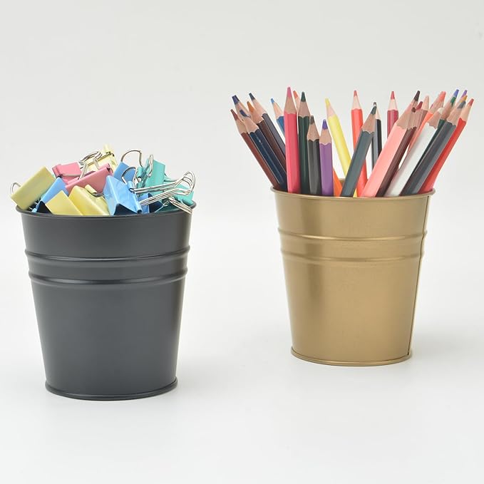 Pen Holder Cup For Desk Pencil Holder Metal Marker Pen Organizer Storage Small Tinplate Flower Pot Succulent Bucket Planters for Office Home - 2 Pack (Gold)