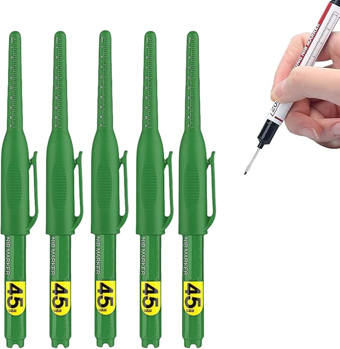 5PCS Long Head Deep Hole Marker Pens, 20mm Deep Reach Long Nose Markers, 45mm Permanent Markers Carpenter Ink Marker Pens, Waterproof Construction Markers Marking Tool, Metal Marking Pen (45M Green)
