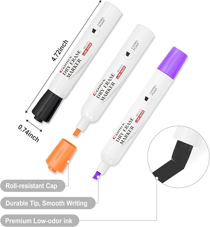 Comix Dry Erase Markers, Chisel Tip White Board Markers, 36 Count 12 Assorted Colors Low Odor Markers for Kids Teachers Office & School Supplies