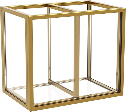 NIUBEE Gold Acrylic Pen Holder for Desk, Clear Pencil Cup Organizer Makeup Brush Holder, Acrylic Desk Organizers and Accessories for Desktop Office - 2 Compartments