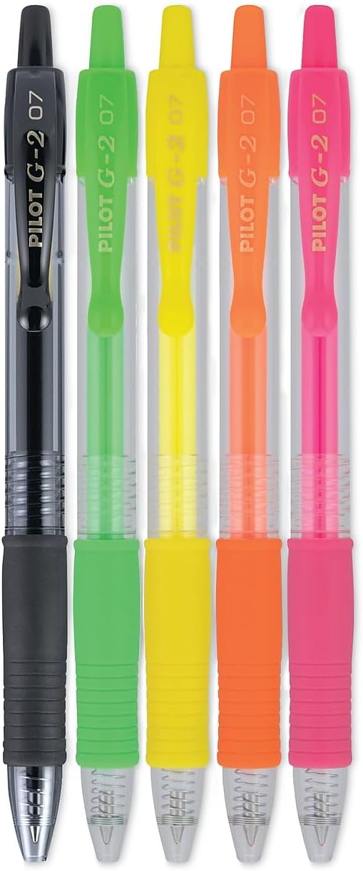 Pilot G2 Neon Gel Pen, Retractable, Fine 0.7 Mm, Assorted Neon Ink and Barrel Colors, 5/Pack