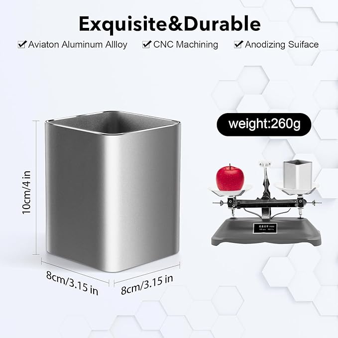 RQB Metal Pen Holder for Desk Square Aluminum Desktop Organizer and Makeup Brush Holder Storage Box for Office, School, Home, and Kids, Non-slip silicone 4×3.15inch-Gray