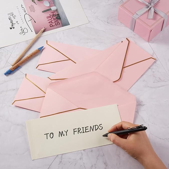 100 Pack #10 Business Envelopes with Gold Border, Self Seal Standard Envelopes with Gold Stickers for Office, Checks, Letter Mailing, Invoices, 4 1/8 x 9 1/2 Inches (Pink)