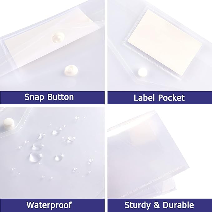 6 Pack Clear Document Folders Plastic Envelopes Poly Envelopes File Envelopes with Label Pocket and Snap Button for Home Work Office Organization, Letter Size/A4 Size, White