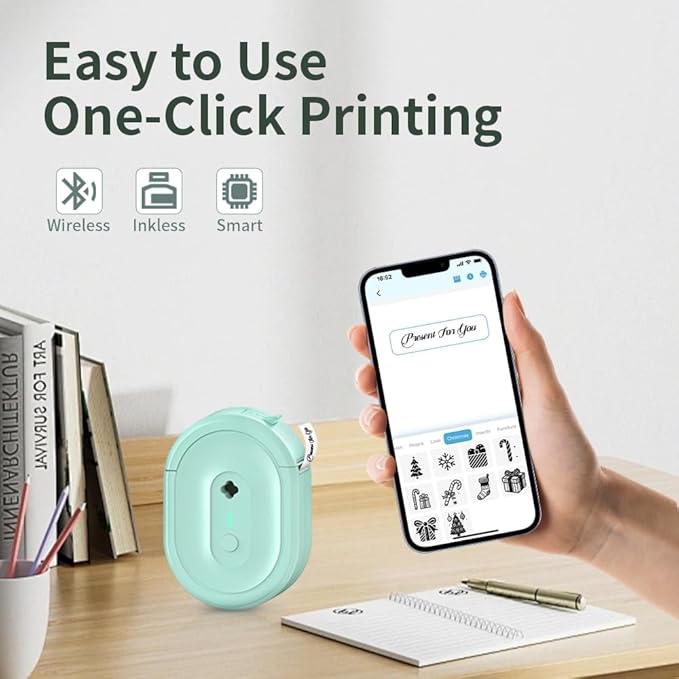 Mini Label Maker Machine with Tape, Small Portable Bluetooth Thermal Label Printer, Handy Wireless Inkless Sticker Printer for Home, Kitchen, Kids School Items, Classroom, Office Organization (Green)