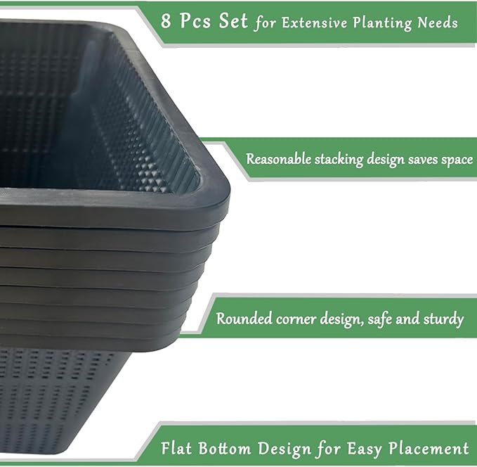 HG9SQBK 9-Inch Square Aquatic Plant Baskets, Plastic Pond Planting Containers, Black Plastic Mesh Basket for Live Aquarium Botany,Pond Plant Baskets| Pack of 8