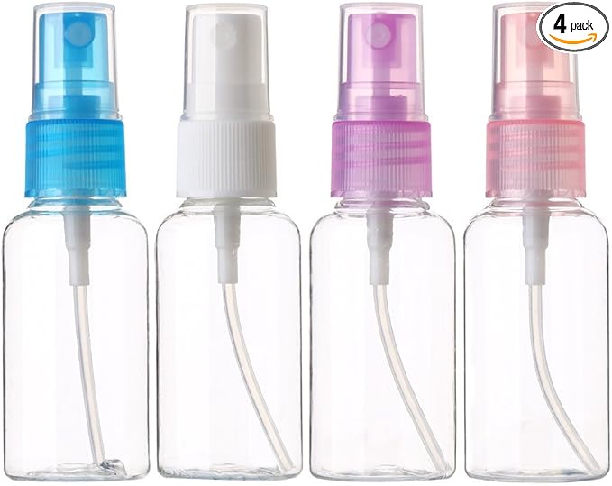 SINIDE Spray Bottles 30 ml/1 oz, 4 Pack Clear Empty Fine Mist Plastic Mini Travel Bottle Set, Portable Refillable Makeup Sprayer Containers for Perfume, Liquids, Aromatherapy, Small Size