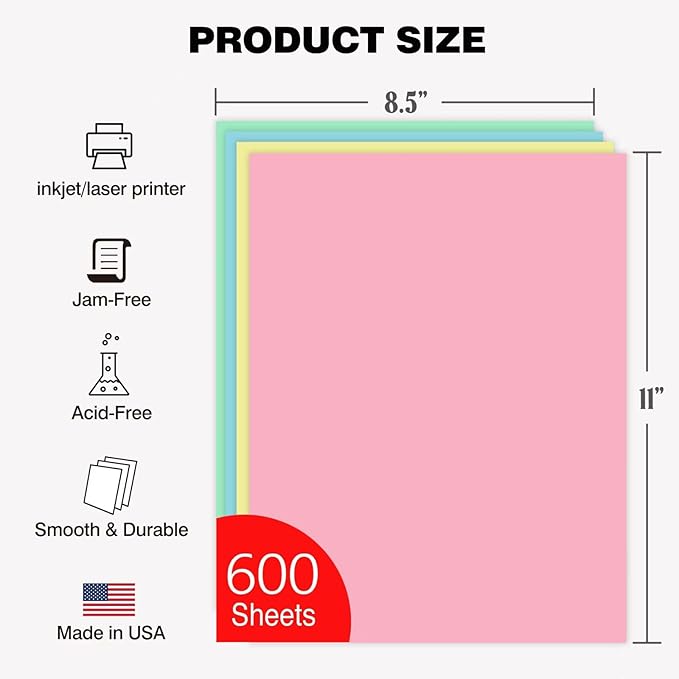 Colored Copy Paper 8.5 x 11, Letter Size Printer Paper, 600 Sheets (150 Each of Pink, Green, Blue, Yellow), Jam-Free, Bulk Pastel Colored Paper for Arts & Crafts, DIY Projects, Made in USA