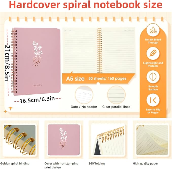 XIUSHE 3 Pack Hardcover Spiral Notebook Spiral Journals for Women 160 Pages, 6.3 x 8.3 Inches,100gsm Paper,Cute College Ruled Notebook,Back Pocket,Office Supplies (CS-fashion)