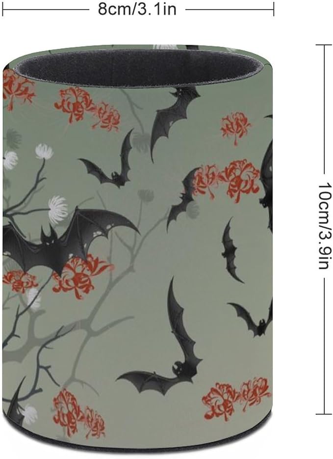 Bats Flowers Pen Holder Pencil Organizer Cute Pencil Cup Desk Decor Makeup Brush Holder PU Multifunctional Office Suppliesfor Home Classroom School