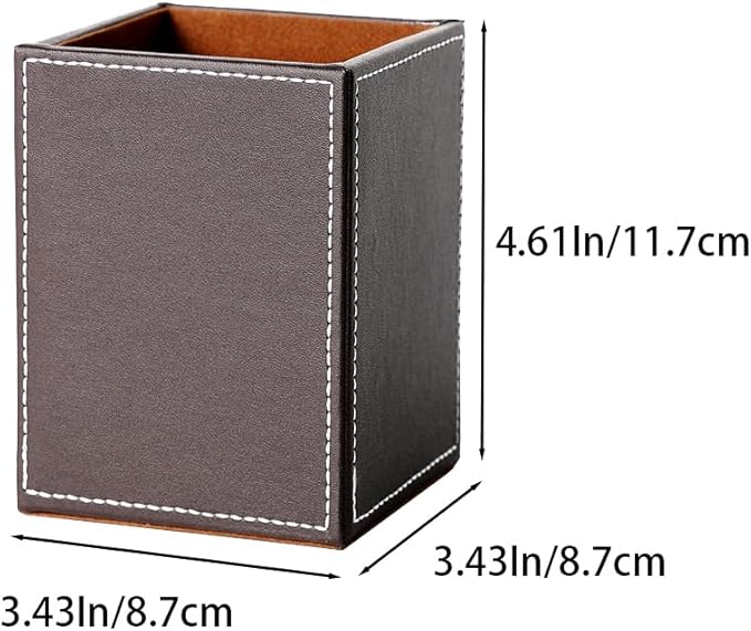 Square Pen Pencil Holder, PU Leather Pencil Cup, Desktop Stationery Organizer, Stand Desk Organizer, Office Accessories Container (Brown)
