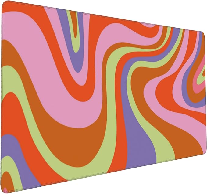 Large Gaming Mouse Pad for Desk, Retro Hippie Colorful Wave Patterns Desk Mat for Desktop, Non-Slip Rubber Base Stitched Edges Long Computer Keyboard Mouse Mat Desk Pad for Home Office 35.4"X15.7"