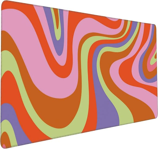 Large Gaming Mouse Pad for Desk, Retro Hippie Colorful Wave Patterns Desk Mat for Desktop, Non-Slip Rubber Base Stitched Edges Long Computer Keyboard Mouse Mat Desk Pad for Home Office 35.4"X15.7"