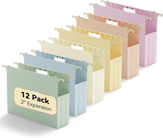 Plastic Expandable Hanging File Folder Letter Size,Heavy Duty 2“Expansion,Extra Capacity Hanging File Folders with Tabs,Accordian Pocket,No Assembly,Filing Cabinet Folders,12 Pack,Pastel Color