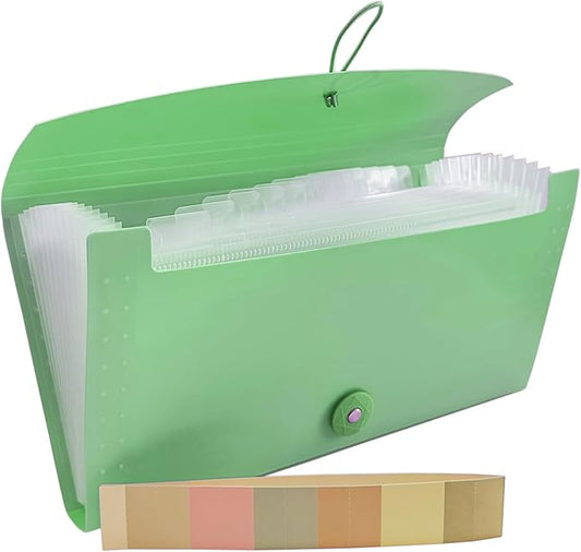 Small Accordion File Organizer - 13 Pocket Expanding Folder for Receipts, Bills, and Envelopes - Money Saving Binder (Green)