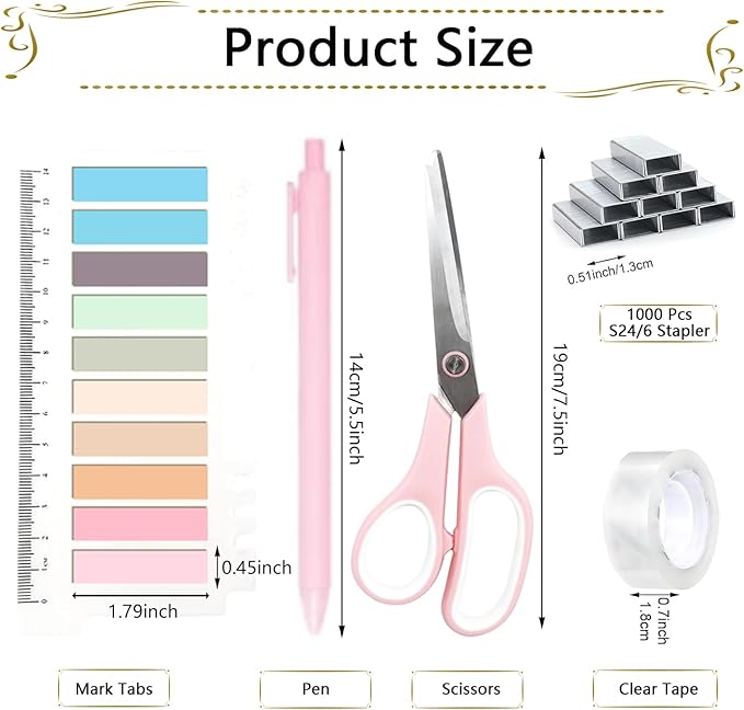 Office Supplies,Desk Accessories, Stapler and Tape Dispenser Set for Women with Stapler, Tape Dispenser, Staple Remover, Staples, Clips, Scissor and Tabs,Gift for Students, Coworkers