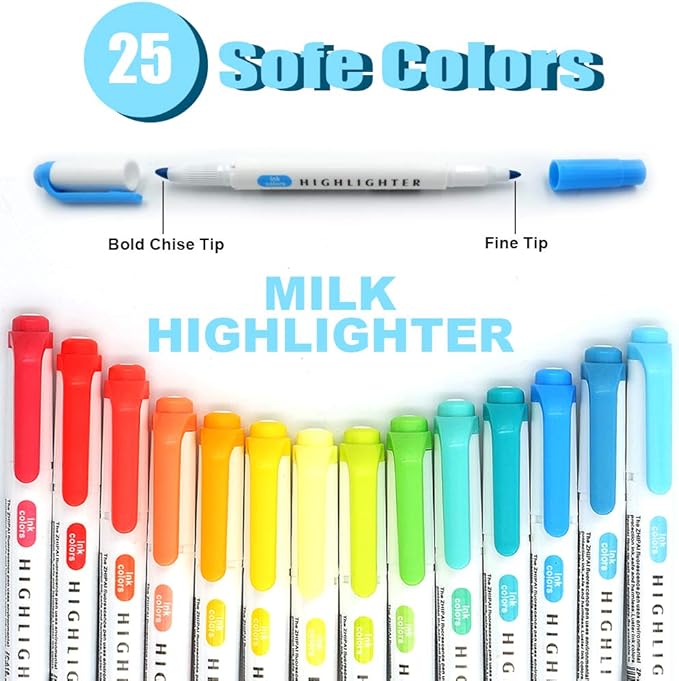 YOOUSOO 25 Pack Pastel Highlighters Assorted Colours, Dual Tip Bible Highlighter, Chisel Tip Mild Highlighters No Bleed Fluorescent Highlighter Pens for School Student Office Journals