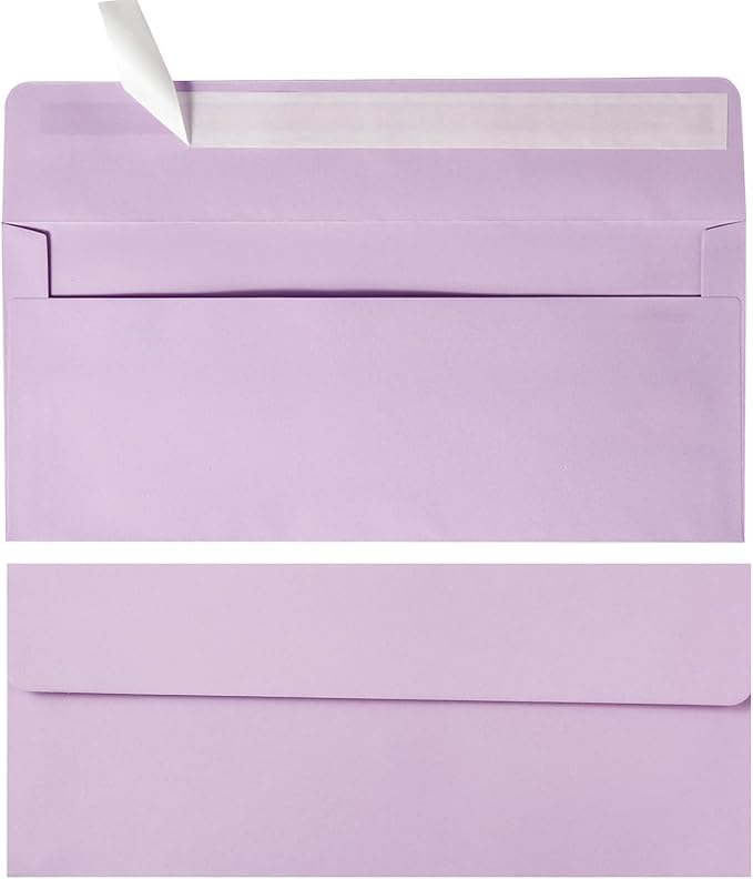 Wishop 50 Pack #10 Business Envelopes Self Seal 4x9 Standard Envelopes for Business, Invoices, Letter Mailing, 4 1/8 x 9 1/2 Inches (Light Purple, 4.13 x 9.49)