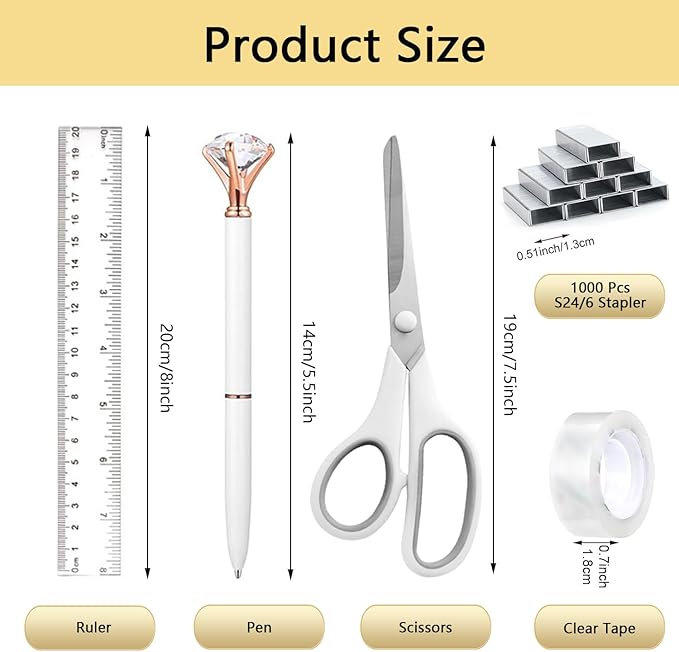 Office Supplies,Desk Accessories,Tape Holder,Stapler,Scissor,Staple Remover,Box of Binder Clips,Staples,Ballpoint Pen,Sticky Notes,Clear Tape,Ruler,Office Supplies Set White