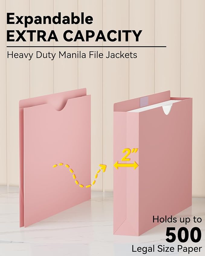 ANSOOK Plastic File Jackets,2" Legal Size Manilla Folders,12 Pack Expanding File Folder,Heavy Duty Expansion Pocket,File Cabinet Folders,Straight Cut Tab,Morandi Color Manila Folder for Home Office