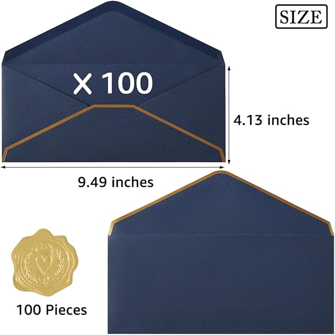 100 Pack #10 Business Envelopes with Gold Border, Self Seal Standard Envelopes with Gold Stickers for Office, Checks, Letter Mailing, Invoices, 4 1/8 x 9 1/2 Inches (Navy Blue)