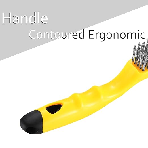 Chanharm 10.95" Wire Scratch Brush with Metal Scraper, Long Plastic Handle and 79 Bundles of Stainless Steel Bristles, Heavy Duty for Dust Paint Scrubbing, Dirt Rust or Welding Slag Removal