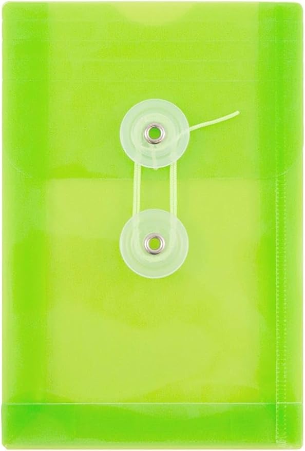 JAM PAPER Plastic Envelopes with Button & String Tie Closure - 4 1/4 x 6 1/4 - Lime Green - 3/Pack
