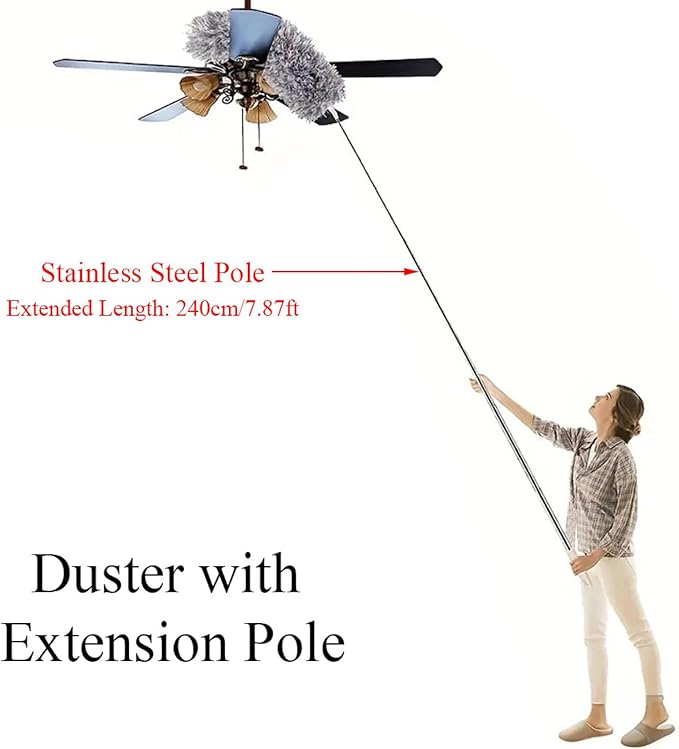 TopHomer Fiber Feather Duster with Stainless Steel Extendable Pole, Ceiling Fan Cleaner for Cobwebs High Ceiling Fan, Interior Roof, Wet & Dry Use (Model B)