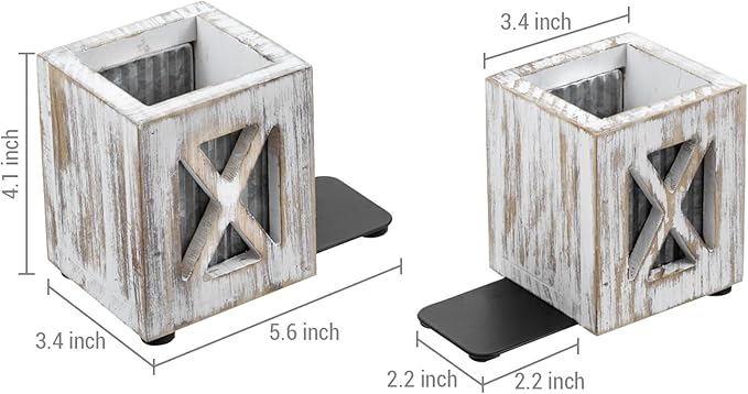 MyGift Decorative Bookends with Pencil Cup, Shabby Weathered White Washed Wood Bookends, Desktop Book Ends with Pen Holder Stationery Storage Bins for Home Office, Classroom, Dorm Room