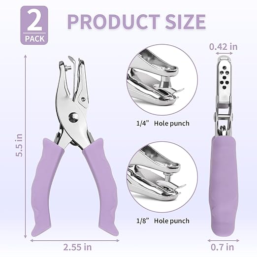 Single Hole Punch, 2 Pcs Hand Hole Puncher with Soft Grip Handle, 1/4" and 1/8" Small Hole Paper Punch for Crafts, Scrapbooks, 6 Sheets Capacity, Tags, Tickets - Purple