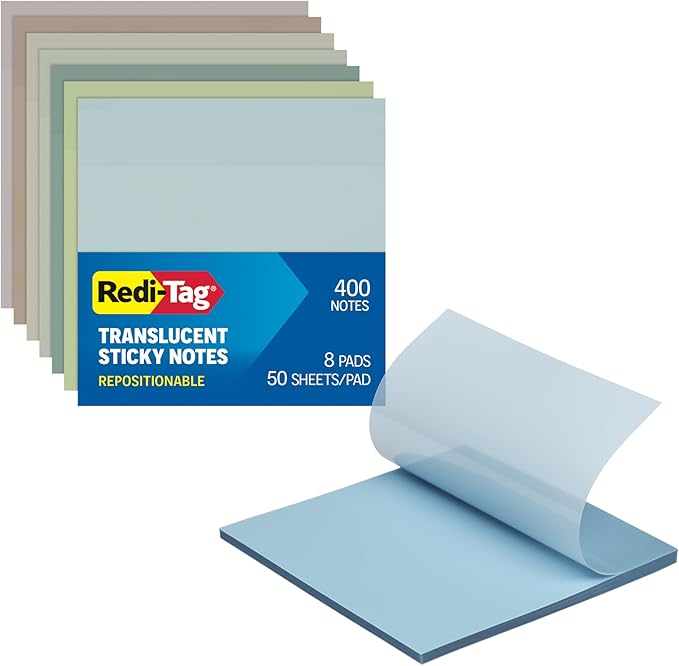 Redi-Tag Translucent Sticky Notes, Transparent Self-Stick Notes, 3" x 3", Calming Colors, 8 Pads, 50 Notes Per Pad, 400 Sheets (1006594)