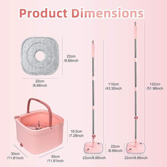 KZKR Spin Square mop and Bucket System with Wringer Set for Home with 10 Mop Pads (Pink)
